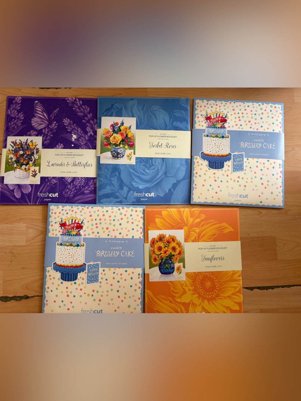 Lot of 5 FreshCut Paper 3D Pop-Up Flower Bouquets lavender cake sunflowers NEW